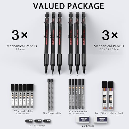 Nicpro Metal Mechanical Pencil Set, 3PCS Art Drafting Pencil 0.5, 0.7, 0.9MM & 2PCS 2MM Mechanical Drawing Pencils with 126 Lead(4B 2B HB 2H 4H Color) Weatherproof Barrel for Writing Sketching Drawing