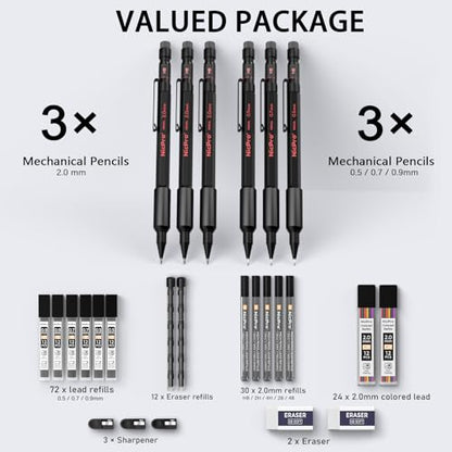 Nicpro Metal Mechanical Pencil Set, 3PCS Art Drafting Pencil 0.5, 0.7, 0.9MM & 2PCS 2MM Mechanical Drawing Pencils with 126 Lead(4B 2B HB 2H 4H Color) Weatherproof Barrel for Writing Sketching Drawing