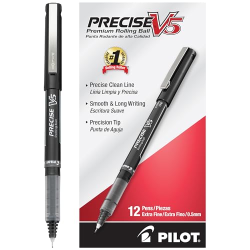 Pilot Precise V5 Rollerball Pens, Extra Fine Point 0.5 mm Black Pens, Black, Pack of 12 - Ideal for School, Journaling & Office Writing - color: Black, size: 12 Count (Pack of 1)