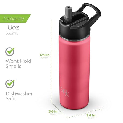 SipX™ 18 oz Insulated Water Bottle with 3 Lids – Leakproof Stainless Steel, Triple Insulated – Cold 24 Hours/Hot 12 Hours – Durable Bottle for School, Gym, Travel – Red - color: Red, size: 18 Ounces