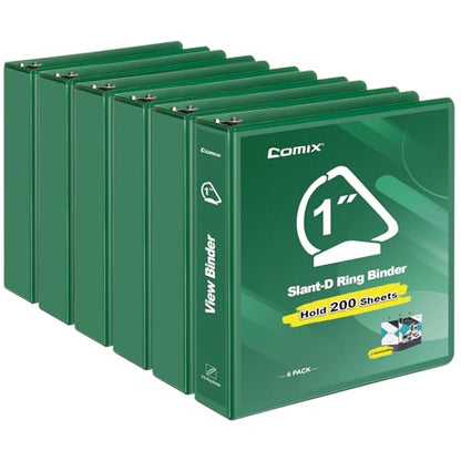 COMIX Sturdy 1 Inch Binders 3 Ring with Clear View Cover, 1" Slant-D Ring View Binder Holds 225 Sheets of US Letter Size Paper, 6 Pack (Green) - color: Green, size: 1 inch