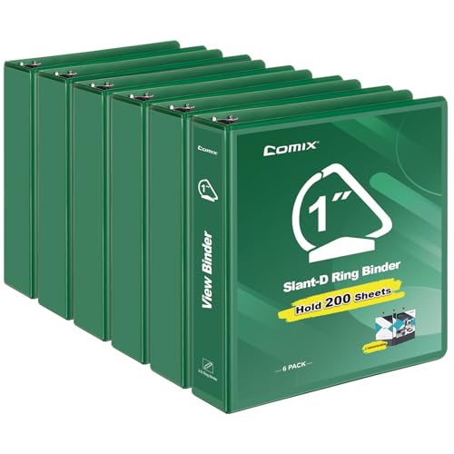 COMIX Sturdy 1 Inch Binders 3 Ring with Clear View Cover, 1" Slant-D Ring View Binder Holds 225 Sheets of US Letter Size Paper, 6 Pack (Green) - color: Green, size: 1 inch