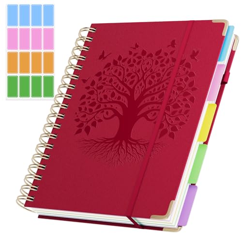 QIYVLOS Hardcover Spiral Notebook, B5 Journal with Removable Dividers Tabs, 5 Subject Notebook College Ruled, 320 Pages 8"x10" Leather Notebooks for Work School Study, Lined Journal for Women, Red - color: B5/Red
