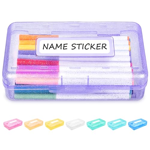 Sooez Pencil Box with Personalized Sticker,Large Hard Pencil Case Organizer | Clear Plastic Crayon Box for Girls and Boys, Colored Marker Organizer, Small Plastic Containers/Bins with Lids, Art Supply - color: Purple Glitter