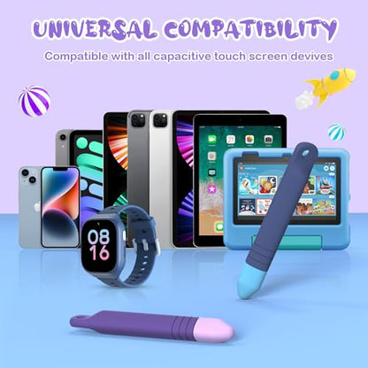 Kid-Friendly Stylus Pens for Touch Screens with Tethers - Mixoo Anti-Rolling Tablet Stylus 2 Pack for Kids, Compatible with iPad, iPhone, Tablets, Kindle and All Touch Screen Devices (Blue+Purple)