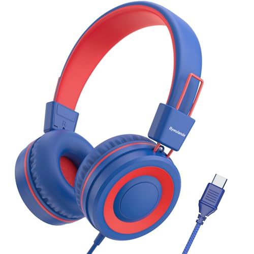 Bywulanda Upgrade USB Type C Kids Headphone for School, 94dB Safe Volume Limited, HD Stereo Sound, Foldable Lightweight On-Ear Headphones for Boys/Girls/Students/Tablet/Travel(Navy Blue) - color: Navy Blue