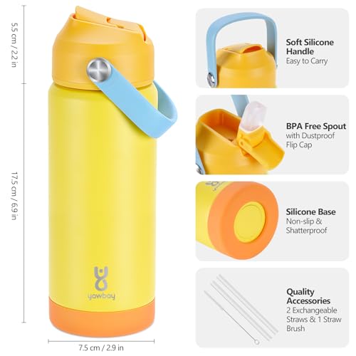 18oz Kids Insulated Water Bottle with Straw Lid & Silicone Handle,Kids Leak Proof Water Bottle for School Boys Girls,Double Wall Vacuum Stainless Steel with Non-slip Silicone Base(Yellow) - color: Yellow, size: 18 Ounces