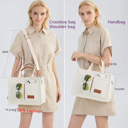 ZHMO Canvas Tote Bag for Women,Women's Bags Crossbody Bags Work Laptop Tote Bag Large Handbags Purse for Travel Nurse Teacher - color: Beige With Compartments