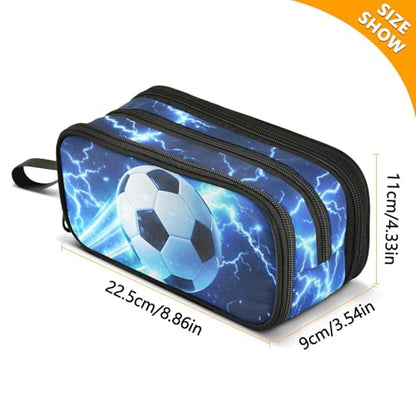 ALAZA Soccer Large Pencil Case, Blue Lightning Pen Pouch Pencil Bag with 3 Compartments Pen Holder Organizer Stationery Bag - color: A08