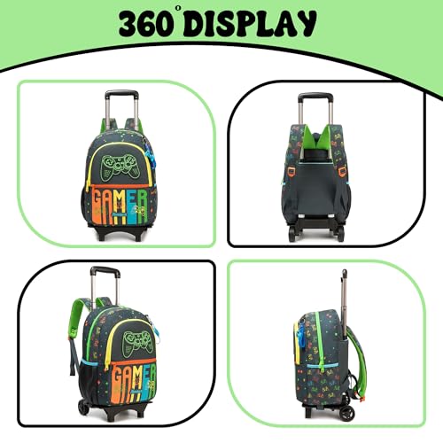 Backpack with Wheels for Boys Rolling Backpack with Lunch Box Pencil Case for Kids Carry On Suitcase with Wheels for Elementary Teens Boys - color: Game 06