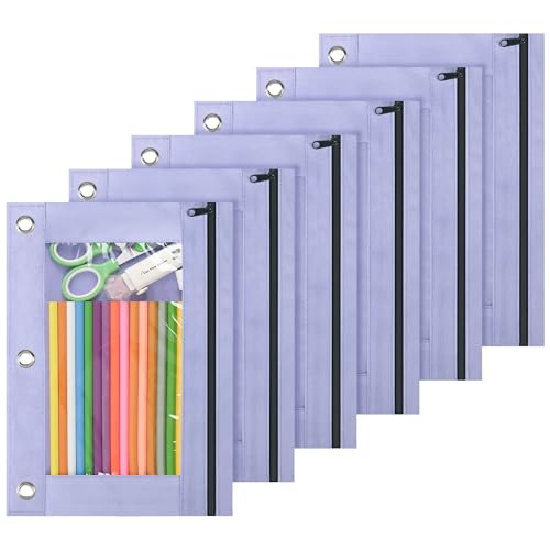 Lanpn Pencil Pouch for 3 Ring Binder 6 Pack, Purple Binder Pen Bags with Zipper, Cute 3 Holes Pencil Pouches Organizer for Boy Girl Kids School Student, Reinforced Grommets & Clear Window - color: Purple, size: 6 Pack