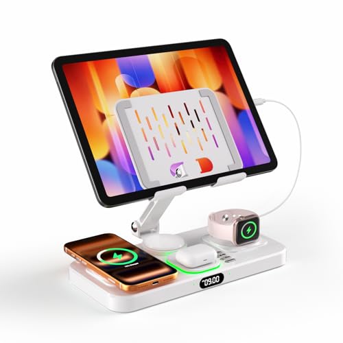 Magnetic Charging Station for Apple Multiple Devices, Wireless Charger with Clock & Light, Foldable Wired Charging Stand for iPad/Tab, Mag-Safe Charger for iPhone 17, for Apple Watch for AirPods - color: White