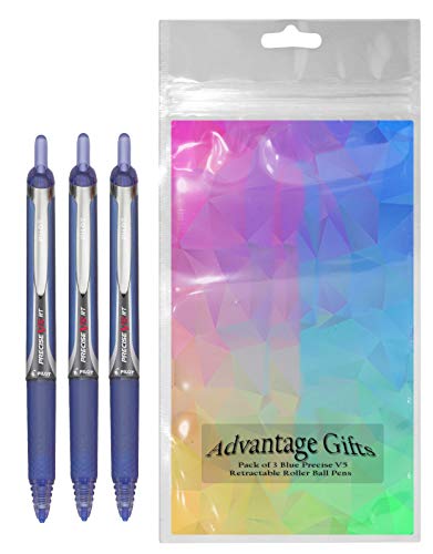 Precise V5 RT Retractable Rolling Ball Pens, Extra Fine Point (.5mm), Blue Ink, 3-pk; Premium Comfort Grip, Bundle with Plastic Reusable Pouch - color: Blue, size: 3 Count (Pack of 1)