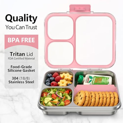 HOMEKOL Stainless Steel Bento Lunch Box 3-Compartment, 4.2Cups, Pink | Leak-Proof Metal Lunch Container for Kids & Adults, BPA-Free, Dishwasher Safe, Clear Tritan Lid, 1000ml (Not Insulated) - color: Pink, size: 34oz (1000ml)