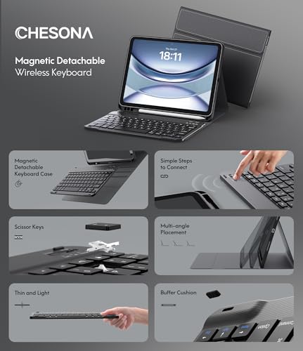CHESONA Keyboard Case for iPad A16 11th/10th Gen, Black | Detachable Wireless Keyboard, Multi-Angle Folio Stand, Built-in Pencil Holder, Thin & Lightweight Design - color: Black