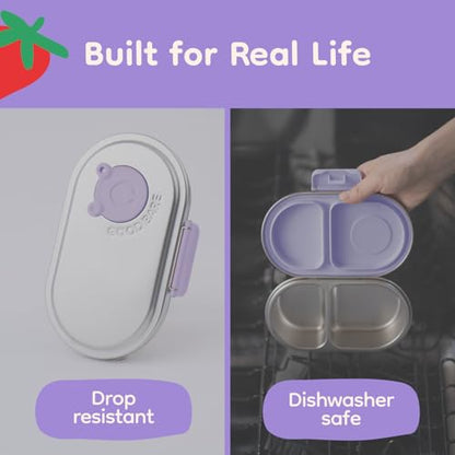 Good Bare Stainless Steel Snack Container for Kids | 2-Compartment Metal Bento Box | Removable Silicone Seal, BPA-Free | Leak-Resistant, Dishwasher Safe | Updated Easy-Open Latch - color: Lavender Mist