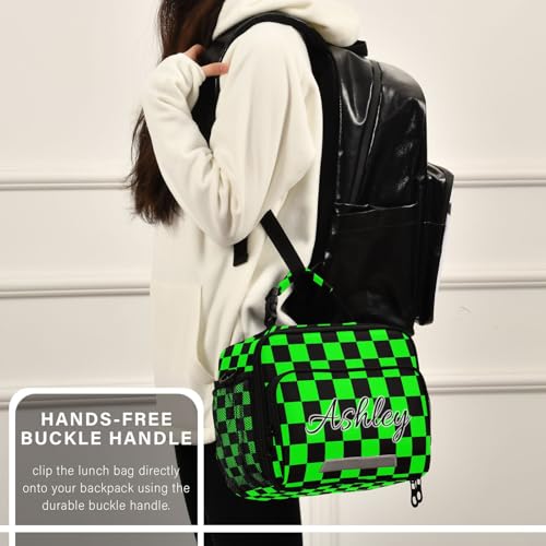 Custom Student Lunch Bag for Boys Girls Green Black Checkerboard Personalized Lunch Box With Name Insulated Cooler Bag for School Picnic Travel - color: Multi18