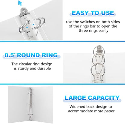 Henoyso 12 Pcs 0.5 Inch Mini 3 Ring Binders Fits 5.5" x 8.5" Paper, Holds(Capacity 140 Sheets), Plastic Flexible Three Round Rings Small White A5 Binders Bulk for School, Office Use, Photo Album - color: White, size: 0.5 Inch