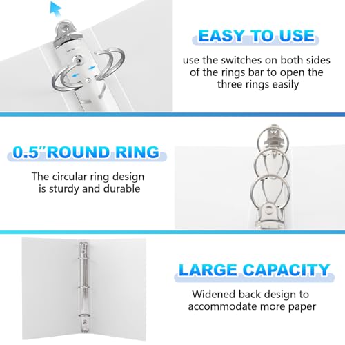 Henoyso 12 Pcs 0.5 Inch Mini 3 Ring Binders Fits 5.5" x 8.5" Paper, Holds(Capacity 140 Sheets), Plastic Flexible Three Round Rings Small White A5 Binders Bulk for School, Office Use, Photo Album - color: White, size: 0.5 Inch