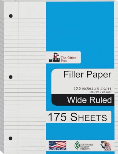 The Office-Pros Filler Paper, Wide Ruled Filer Paper, Loose Leaf Paper, Red Line Margin, 3 Holed Punches Paper, Ring Binder Paper - 8" x 10.5" - Wide Ruled - 175 Sheets
