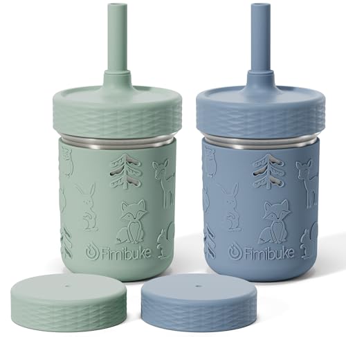Fimibuke Toddler Cups Spill Proof, 8 OZ Sippy Cups for Kids Girl Boy, Stainless Steel Tumbler with Lid, Removable Silicone Straw & Sleeve, BPA Free Dishwasher Safe Water Bottle Snack Container 2 Pack - color: Sage/Misty Blue, size: 8 Ounces