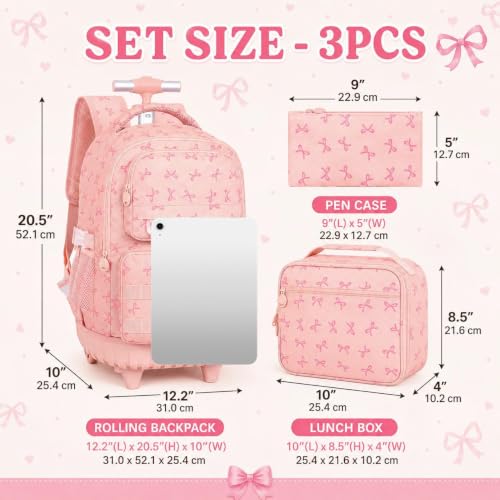 WZLVO 3PCS Rolling Backpack for Girls, Water Resistance Roller Bookbag, Women Aesthetic Wheeled School Bag Set with Lunch Box & Pencil Bag for Teens & Kids - Pink Bow - color: 3pcs Girls Rolling Backpack - Pink Bow