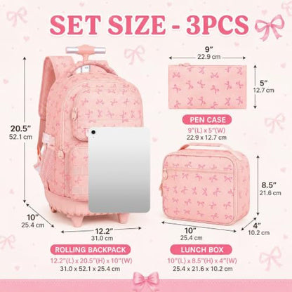 WZLVO 3PCS Rolling Backpack for Girls, Water Resistance Roller Bookbag, Women Aesthetic Wheeled School Bag Set with Lunch Box & Pencil Bag for Teens & Kids - Pink Bow - color: 3pcs Girls Rolling Backpack - Pink Bow