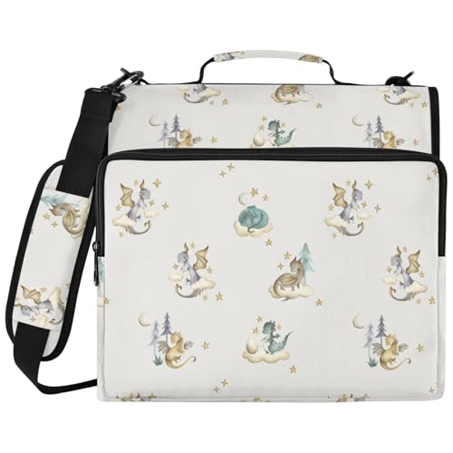 Zipper Binder Dragon Animal Watercolor Bag with Shoulder Strap 3 Ring Binder Organizer Large Capacity Multiple Pockets for School Office - color: White Dragon