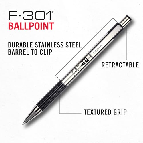 Zebra Pen F-301 Ballpoint Black Ink Fine Point 0.7mm Pen, Easy-Glide Ink, Stainless Steel Retractable, Non-Slip Grip, Professional Design, Ideal for Office, Journal and Planner Use, 4-Pack (27114) - color: Black D
