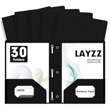 Plastic 2 Pocket Folders with Prongs, 30 Pack, Heavyweight, Letter Size Poly Folders with 3 Metal Prongs Fastener Clips (Black) - color: Black
