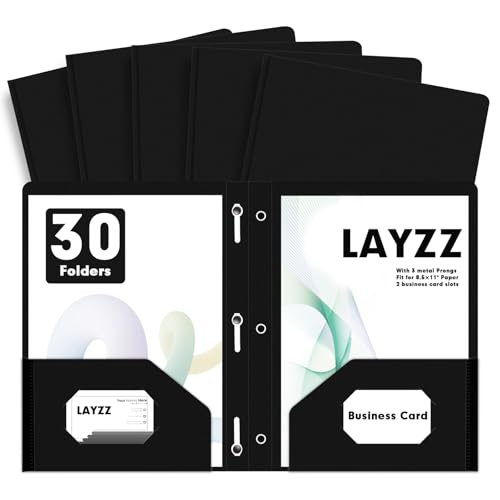 Plastic 2 Pocket Folders with Prongs, 30 Pack, Heavyweight, Letter Size Poly Folders with 3 Metal Prongs Fastener Clips (Black) - color: Black