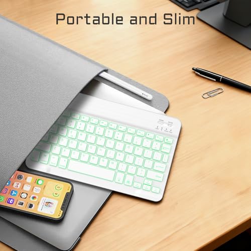 FINTIE 10-Inch Ultrathin Wireless Bluetooth Backlight Keyboard | [7 Color Backlit] Rechargeable Keyboard Compatible with iPad Samsung Tablet, iPhone Smartphone, iOS, Android - color: Classic White