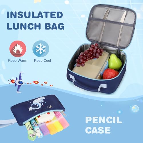 Bevalsa Kids Backpack for Boys with Bento Lunch Box, Insulated Bag & Utensils, 43oz Lunch Containers with 6 Compartment, School Bags for Elementary Middle School Student (Space) - color: Space