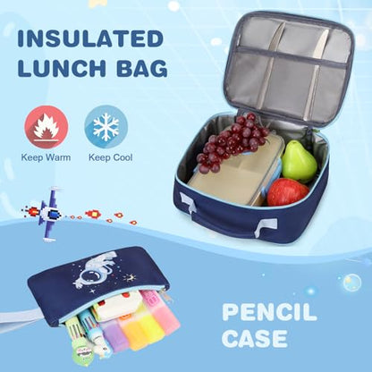 Bevalsa Kids Backpack for Boys with Bento Lunch Box, Insulated Bag & Utensils, 43oz Lunch Containers with 6 Compartment, School Bags for Elementary Middle School Student (Space) - color: Space
