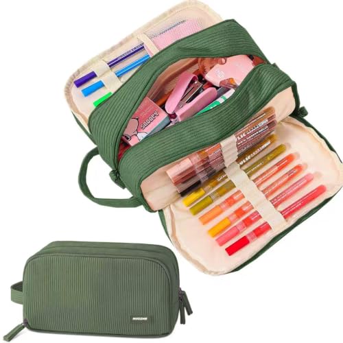 3 Compartment Pencil Case,Large Capacity School Supplies Pencil bag with Easy Handle, Soft Corduroy Pencil Pouch, Aesthetic Supply Pen Case Bag Organizer For Teen Girls College (Dark Green) - color: Dark Green