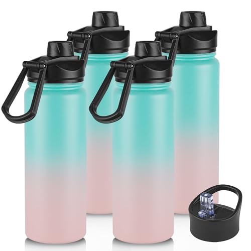 24oz Insulated Water Bottle with Straw Lid, Stainless Steel Metal Water Bottle with Straw & Wide Mouth Lid, Double Wall Vacuum Water Bottle for Hiking Camping, Bubble Gum 4 Pack - color: Bubble Gum, size: 24oz-4 Pack