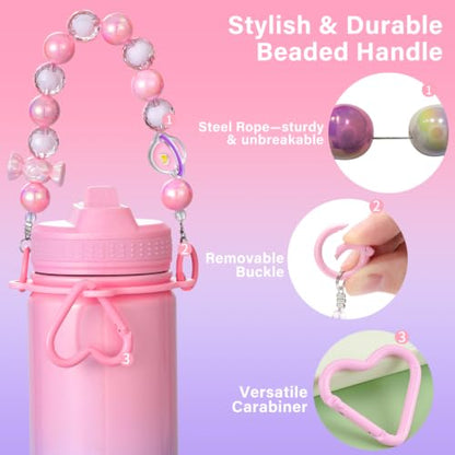 Mininoo Kids Water Bottle for School - 16 oz Stainless Steel Insulated Water Bottle with Ceramic-Lined, Leakproof Straw Lid & Beaded Handle for Girls & Boys - color: Sparkle Tulip