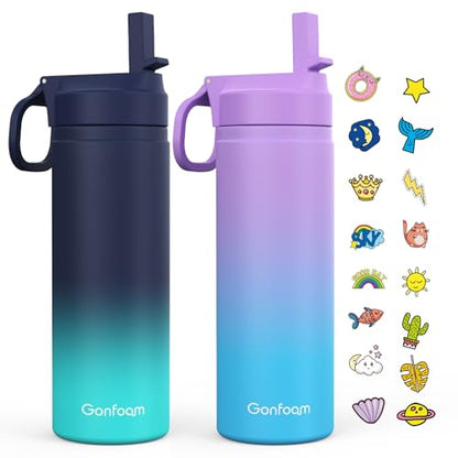 Gonfoam 20oz Kids Stainless Steel Insulated Water Bottle, 2 Pack | DIY Stickers, BPA-free, Leak-proof, Sturdy, Keeps Cold 24h, Easy to Carry, Easy to Clean, Back to School, Gifts - color: Blue/Purple, size: 20 Ounces