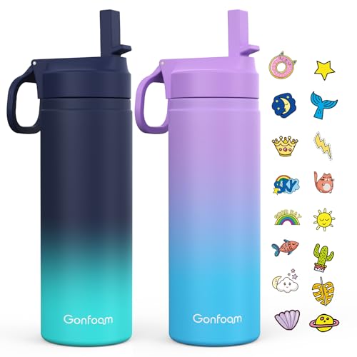 Gonfoam 20oz Kids Stainless Steel Insulated Water Bottle, 2 Pack | DIY Stickers, BPA-free, Leak-proof, Sturdy, Keeps Cold 24h, Easy to Carry, Easy to Clean, Back to School, Gifts - color: Blue/Purple, size: 20 Ounces