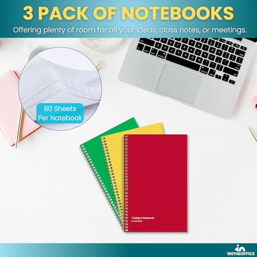 1InTheOffice 1-Subject Wirebound Notebook, College Ruled, 80 Sheets, Spiral Notebook 5x7, 7 3/4" x 5", 3/Pk