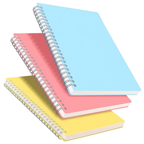 RETTACY Bullet Dotted Journal Notebook, 3-Pack, 160 Pages per Pack, A5 Medium Size (5.7'' × 8.3''), 100 GSM Thick Paper, Spiral-bound, Flexible Plastic Cover, for Bullet Journaling, Planning - color: Blue & Pink & Yellow, style: Dotted