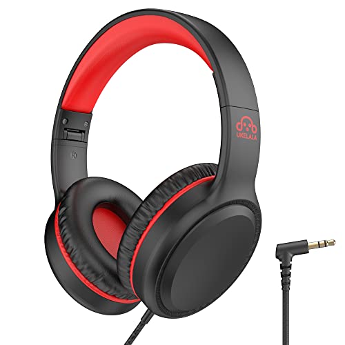 UKELALA On Ear Wired Headphones for Kids Stereo Lightweight Youth Head Phones with 4.9 ft NO-Tangle Cord for Girls Toddler 3.5mm Jack Headphone for chromebooks Computer for School Classroom - color: Black/Red