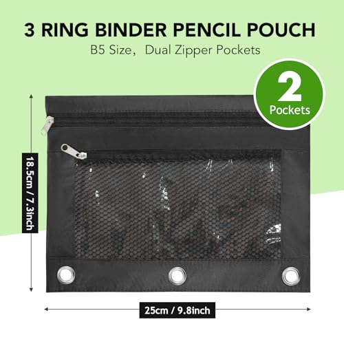 Pencil Pouch for 3 Ring Binder, Zipper Pen Case Bag with 3 Reinforced Grommets, Clear Window & Mesh Pocket, Binder Pouch School Office Supplies for Boys Girls (Black)