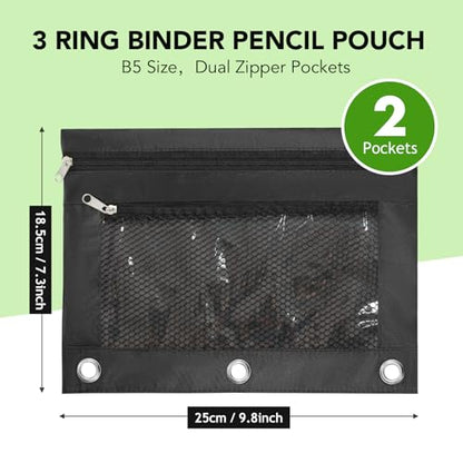 Pencil Pouch for 3 Ring Binder, Zipper Pen Case Bag with 3 Reinforced Grommets, Clear Window & Mesh Pocket, Binder Pouch School Office Supplies for Boys Girls (Black)