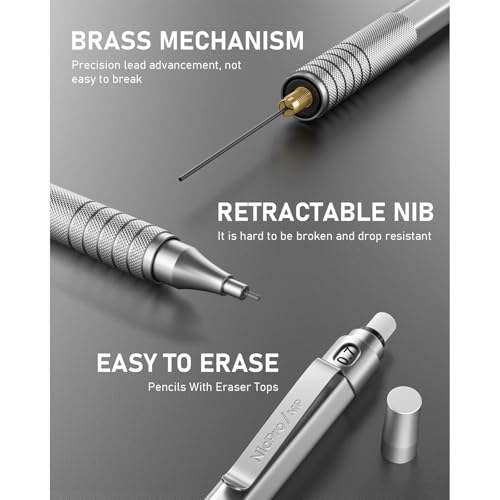 Nicpro 0.7mm Metal Mechanical Pencil Set with Case | 3PCS MP1000 0.7 Lead Pencil With 8 Tube HB Refills, 3 Erasers & 9 Refill For Artist Drafting Drawing Engineering Sketching - color: Silver, style: 0.7 MM