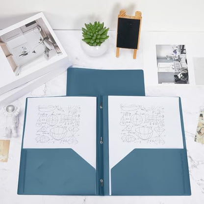 Yeaqee 80 Pcs Plastic Folders with Pockets and Prongs Plastic Folder 2 Pockets 3 Prongs with Business Card Slot Back to School Folders for Students, Teachers, Office Workers (Blue-Gray) - color: Blue Gray
