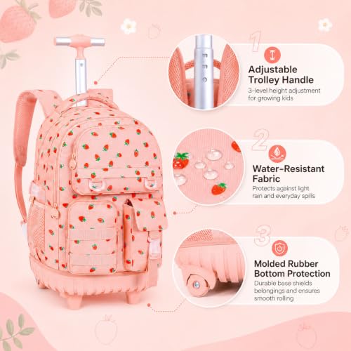 WZLVO 3PCS Wheeled Backpack, Water Resistance Rolling Bookbag for Girls, Women Aesthetic Roller School Bag Set with Lunch Box & Pencil Bag for Teens & Kids - Pink Strawberry - color: 3pcs Girls Rolling Backpack - Pink Strawberry