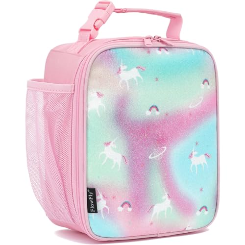 FlowFly Kids Lunch box Insulated Soft Bag Mini Cooler Back to School Thermal Meal Tote Kit for Girls, Boys, Glitter-Unicorn - color: Glitter-Unicorn