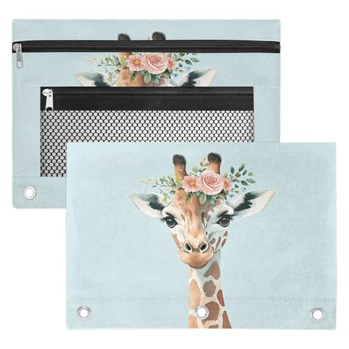 Cute Giraffe Pencil Pouch for 3 Ring Binder wreath Floral Pencil Case Bag with Clear Window Zipper Pockets for Kids Girls Boys Students School College Supplies 2 Pack - color: Blue Brown