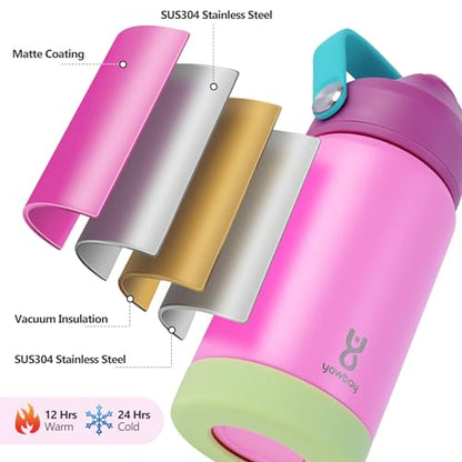 Kids Insulated Water Bottle with Straw Lid & Silicone Handle,12oz Kids Leak Proof Water Bottle for School Boys Girls,Double Wall Vacuum Stainless Steel with Non-slip Silicone Base(Pink) - color: Pink, size: 12 Ounces